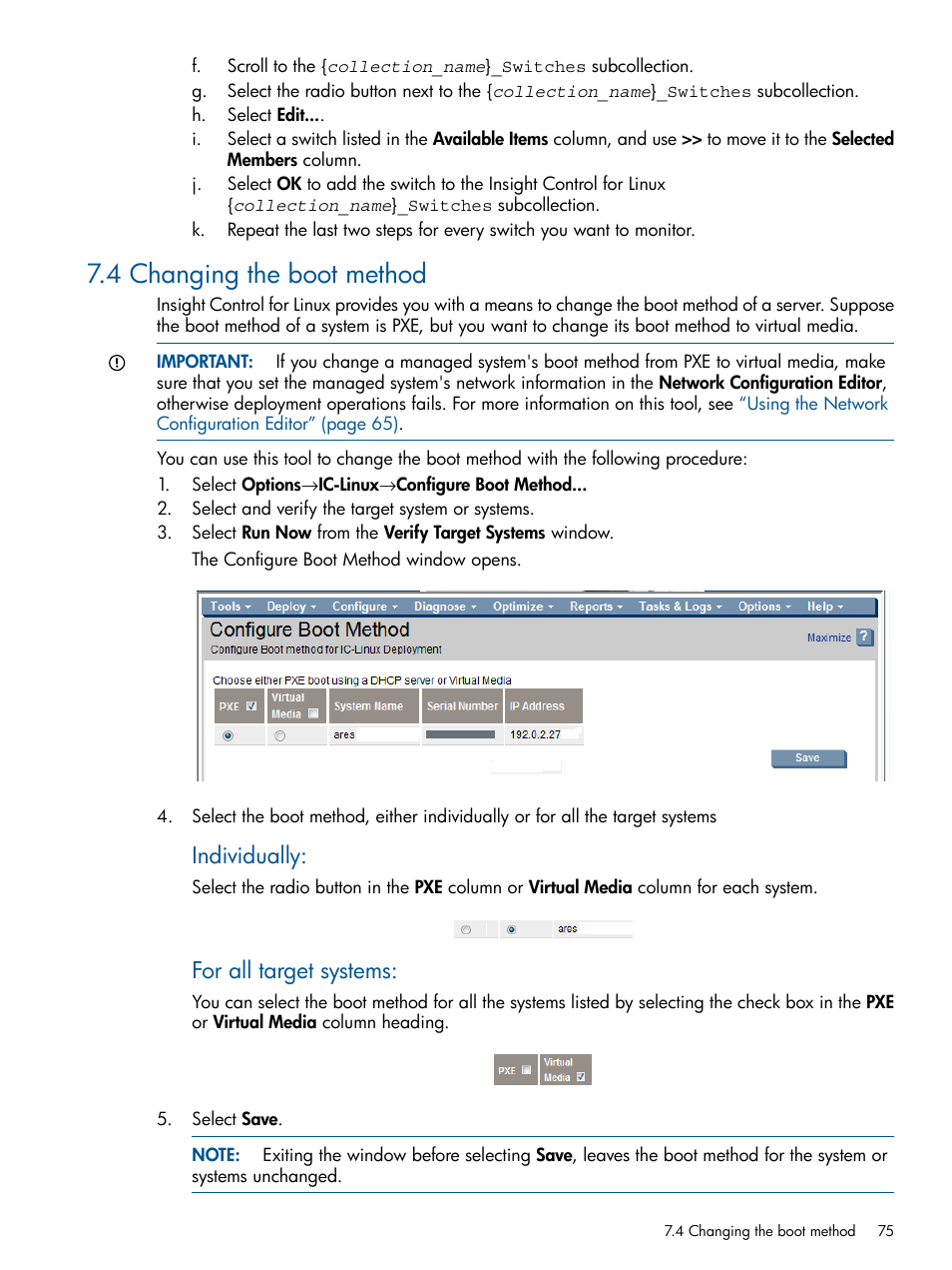 4 changing the boot method, Individually, For all target systems | HP Insight Control Software for Linux User Manual | Page 75 / 272