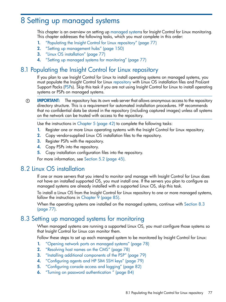 8 setting up managed systems, 2 linux os installation, 3 setting up managed systems for monitoring | HP Insight Control Software for Linux User Manual | Page 77 / 272