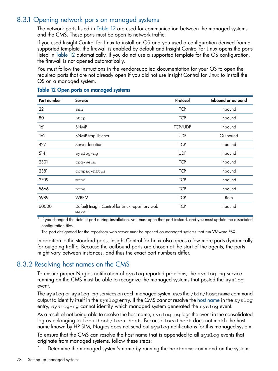 1 opening network ports on managed systems, 2 resolving host names on the cms | HP Insight Control Software for Linux User Manual | Page 78 / 272