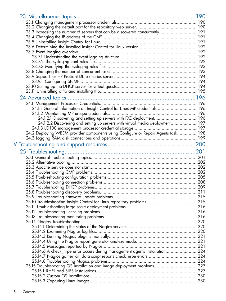 23 miscellaneous topics, 24 advanced topics | HP Insight Control Software for Linux User Manual | Page 8 / 272