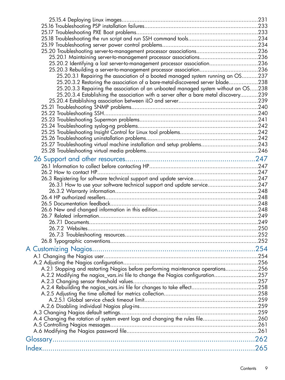 26 support and other resources, A customizing nagios, Glossary index | HP Insight Control Software for Linux User Manual | Page 9 / 272