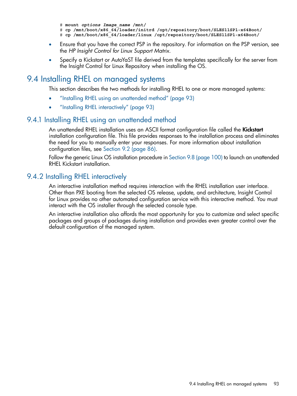 4 installing rhel on managed systems, 1 installing rhel using an unattended method, 2 installing rhel interactively | HP Insight Control Software for Linux User Manual | Page 93 / 272