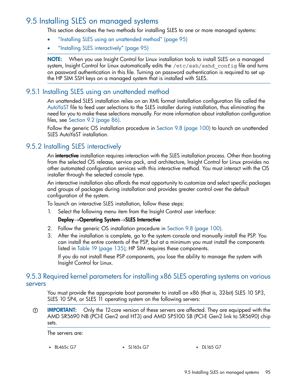 5 installing sles on managed systems, 1 installing sles using an unattended method, 2 installing sles interactively | HP Insight Control Software for Linux User Manual | Page 95 / 272