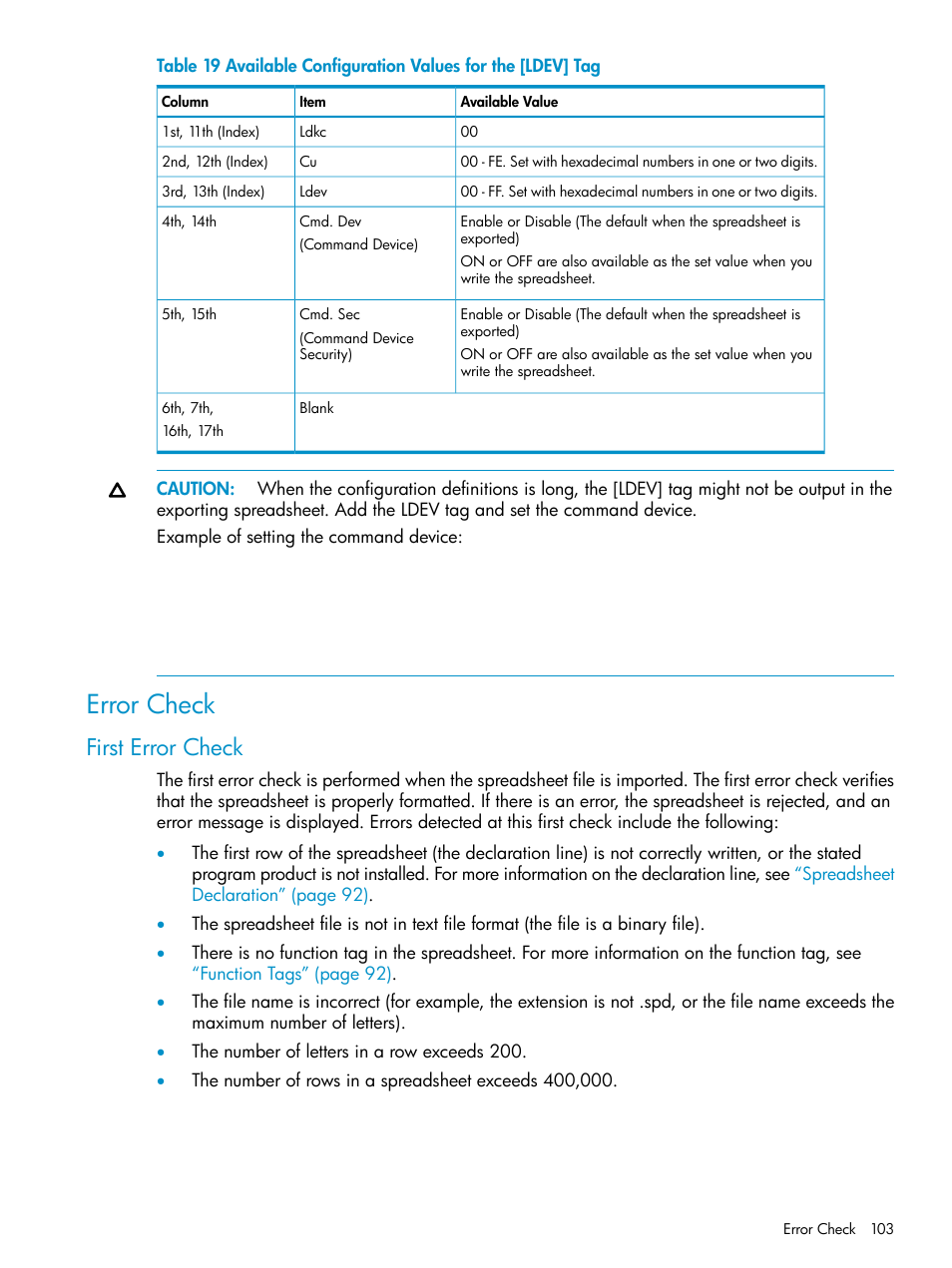 Error check, First error check | HP StorageWorks XP Remote Web Console Software User Manual | Page 103 / 112