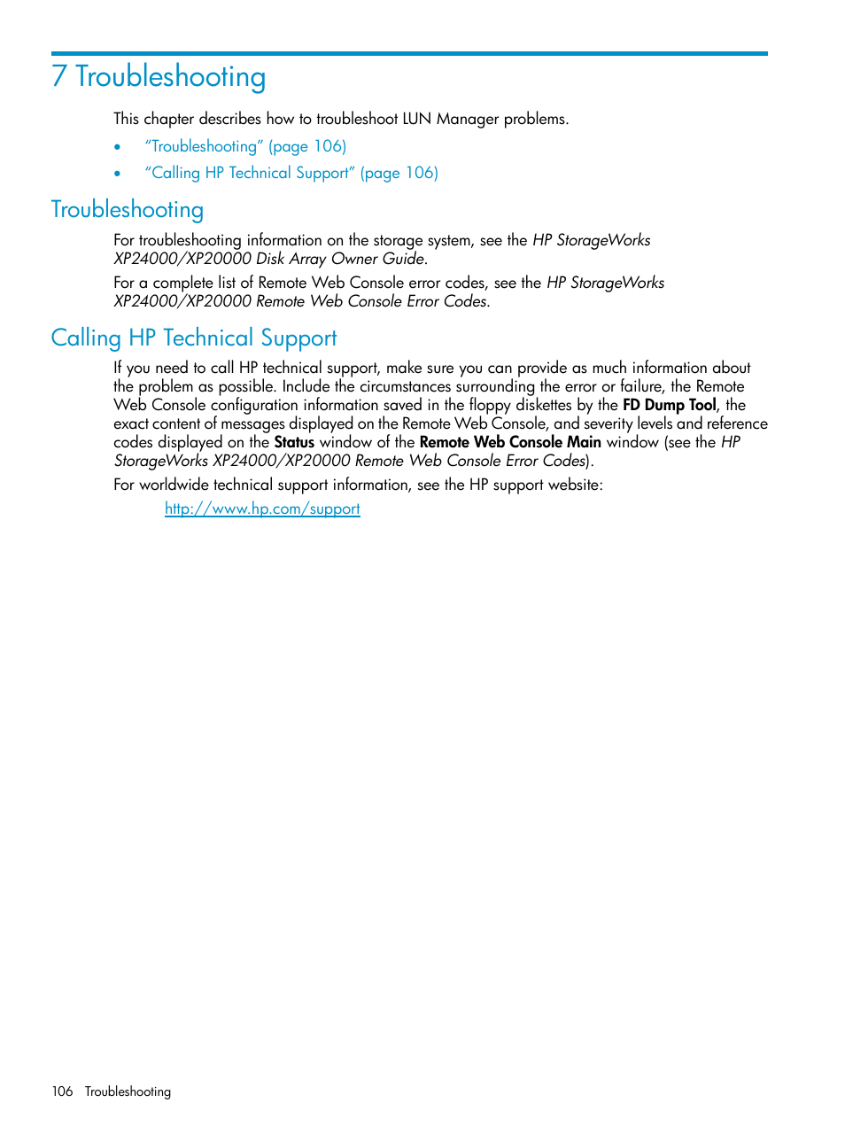 7 troubleshooting, Troubleshooting, Calling hp technical support | Troubleshooting calling hp technical support | HP StorageWorks XP Remote Web Console Software User Manual | Page 106 / 112