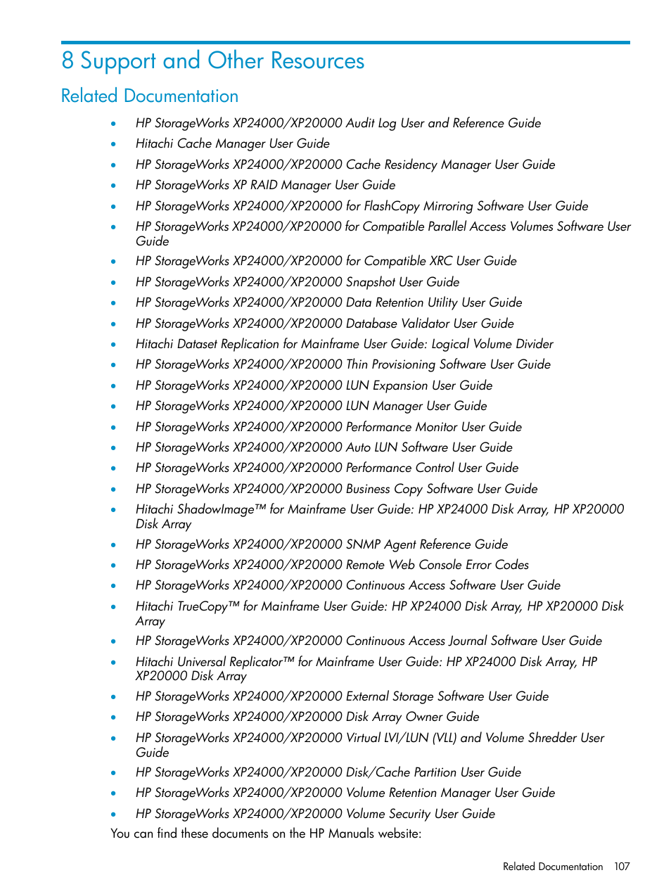 8 support and other resources, Related documentation | HP StorageWorks XP Remote Web Console Software User Manual | Page 107 / 112