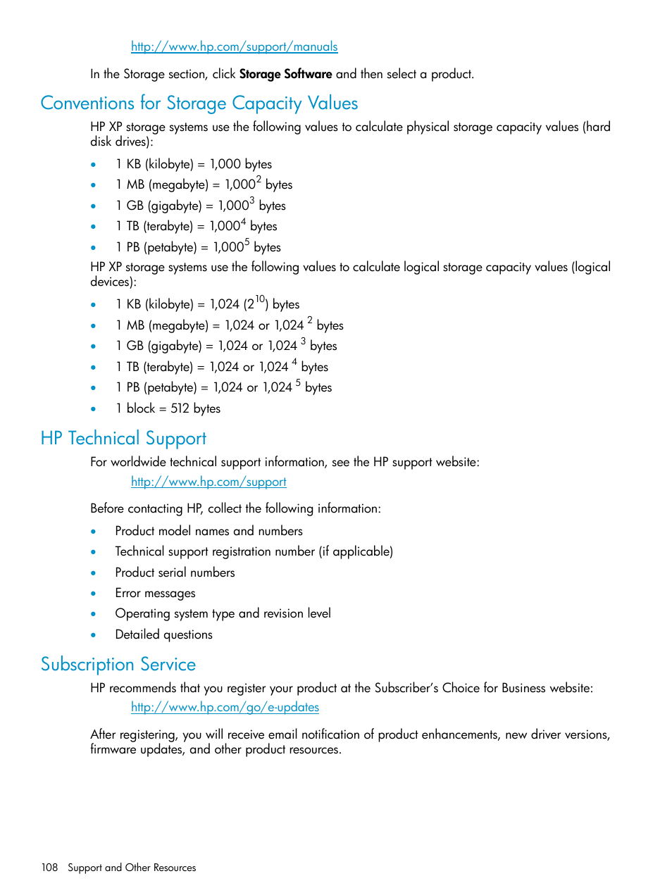 Conventions for storage capacity values, Hp technical support, Subscription service | HP StorageWorks XP Remote Web Console Software User Manual | Page 108 / 112