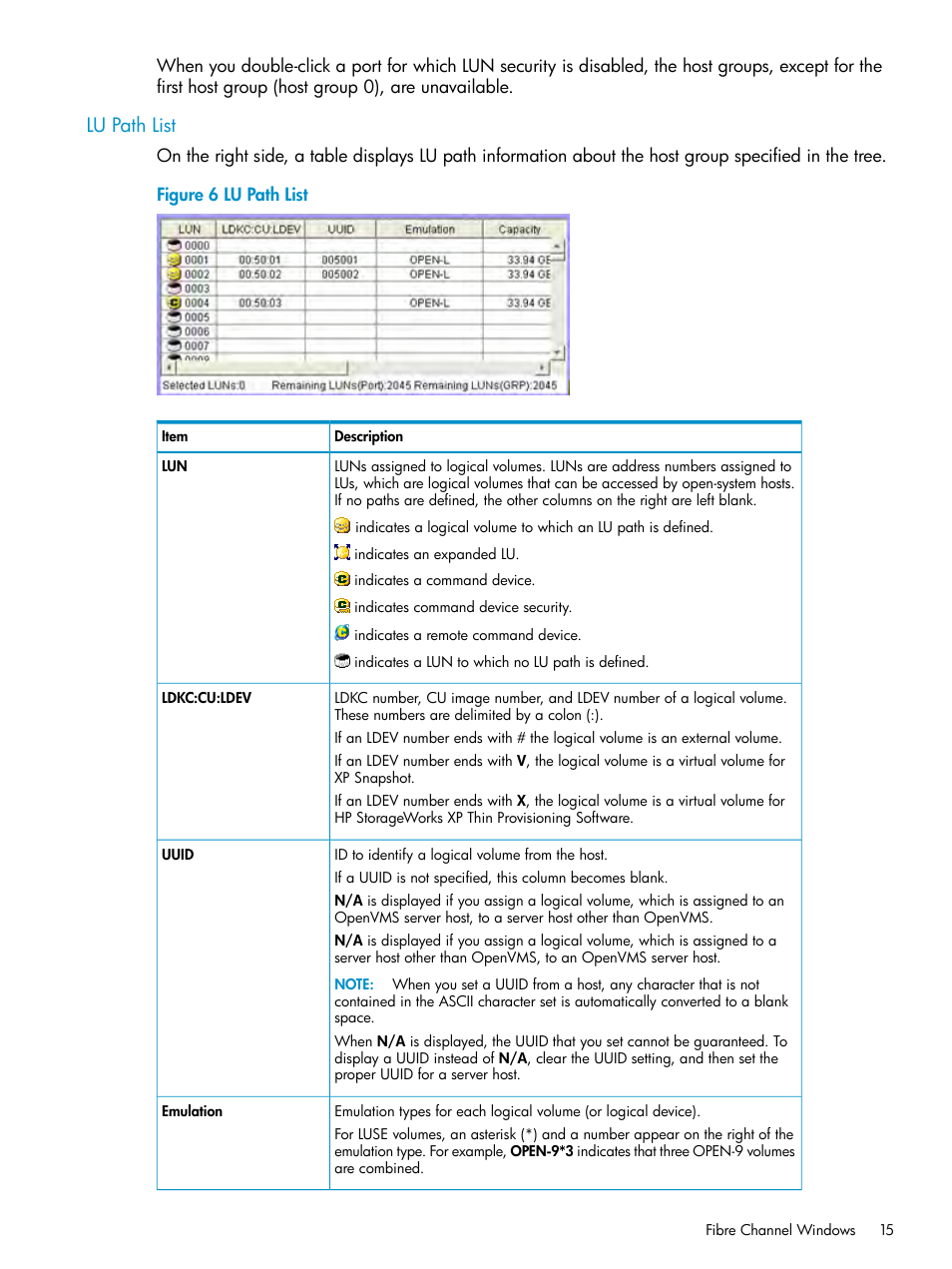 Lu path list | HP StorageWorks XP Remote Web Console Software User Manual | Page 15 / 112