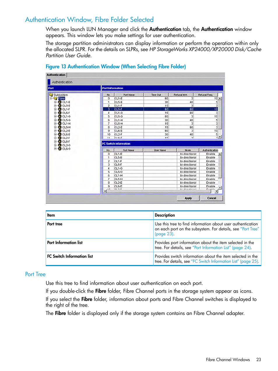 Authentication window, fibre folder selected, Port tree | HP StorageWorks XP Remote Web Console Software User Manual | Page 23 / 112