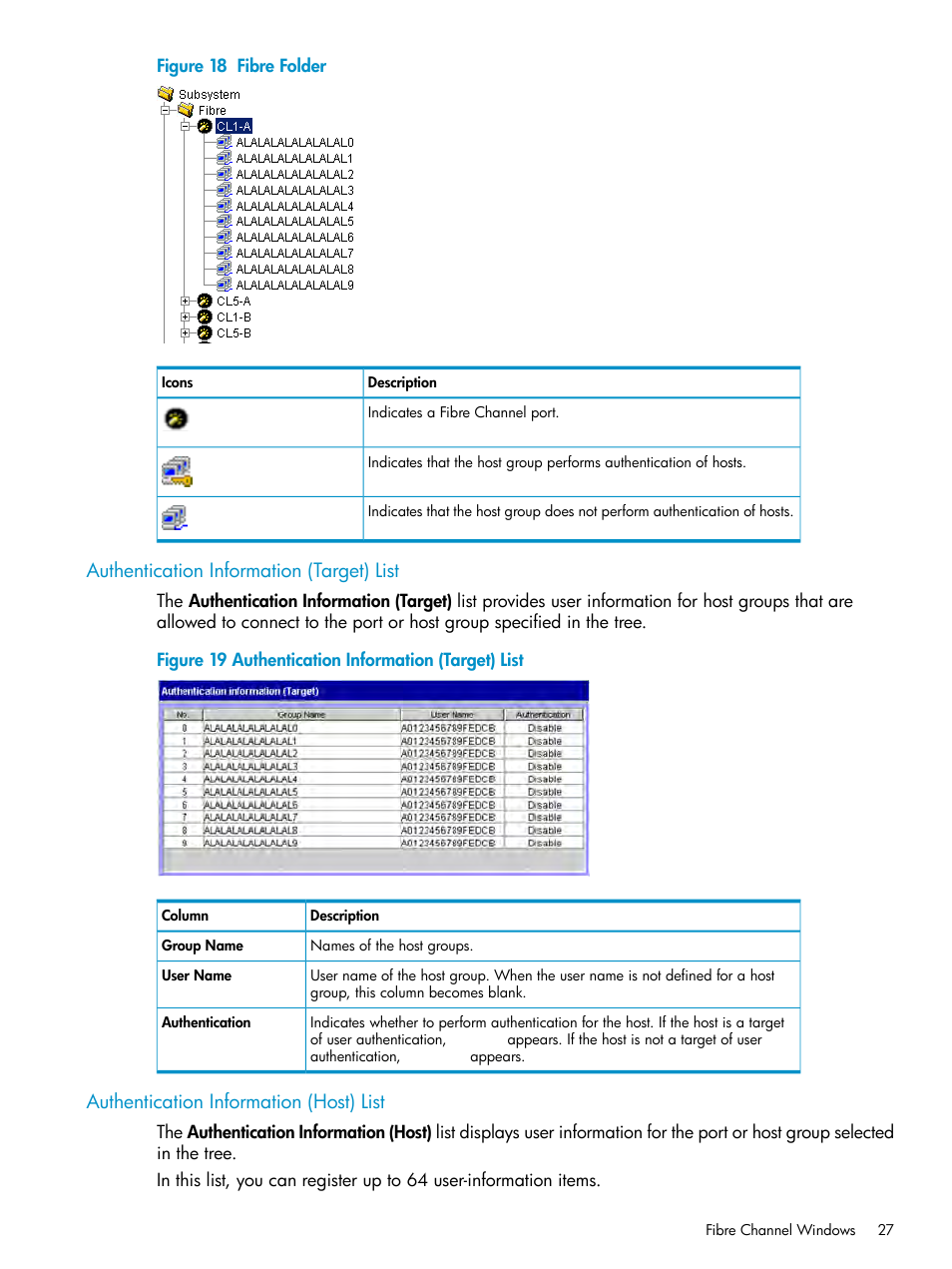 Authentication information (target) list, Authentication information (host) list, Authentication information | Authentication | HP StorageWorks XP Remote Web Console Software User Manual | Page 27 / 112