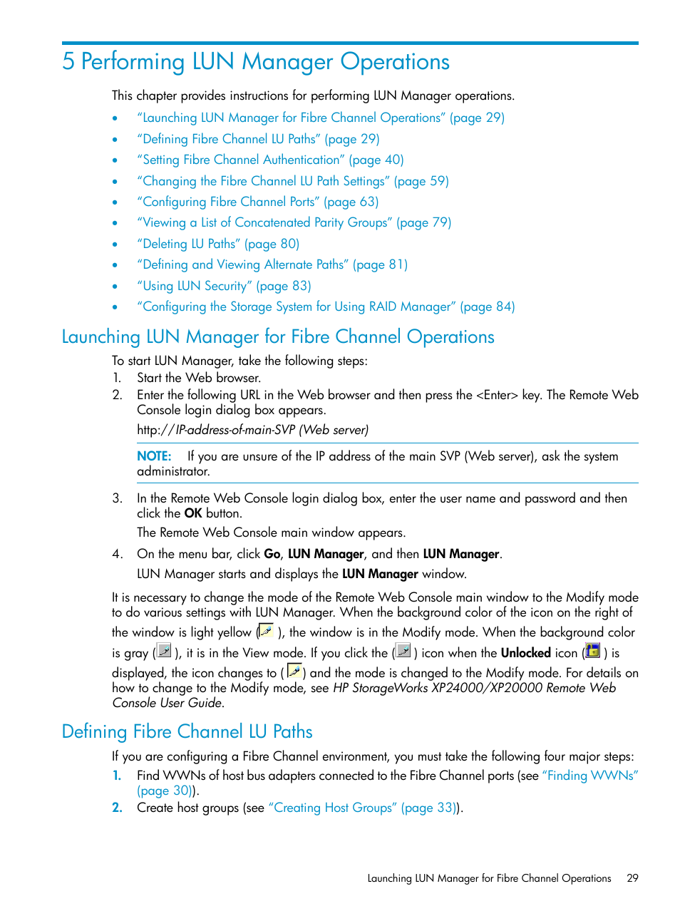 5 performing lun manager operations, Launching lun manager for fibre channel operations, Defining fibre channel lu paths | HP StorageWorks XP Remote Web Console Software User Manual | Page 29 / 112