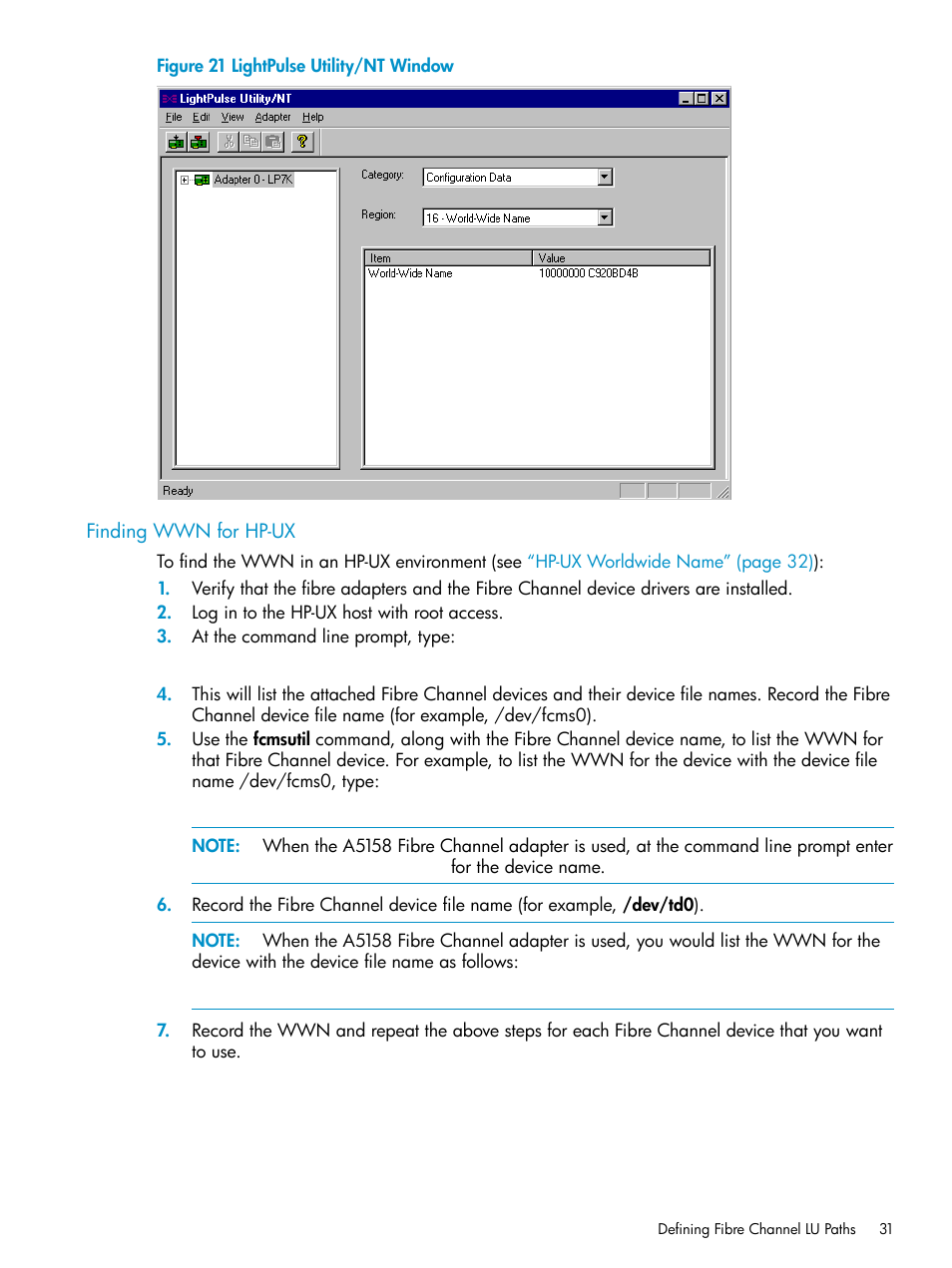 Finding wwn for hp-ux, Lightpulse utility/nt | HP StorageWorks XP Remote Web Console Software User Manual | Page 31 / 112