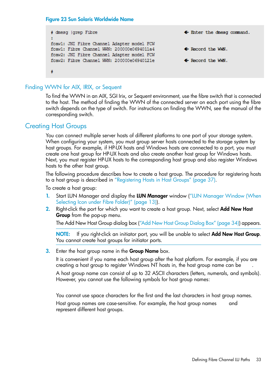 Finding wwn for aix, irix, or sequent, Creating host groups | HP StorageWorks XP Remote Web Console Software User Manual | Page 33 / 112