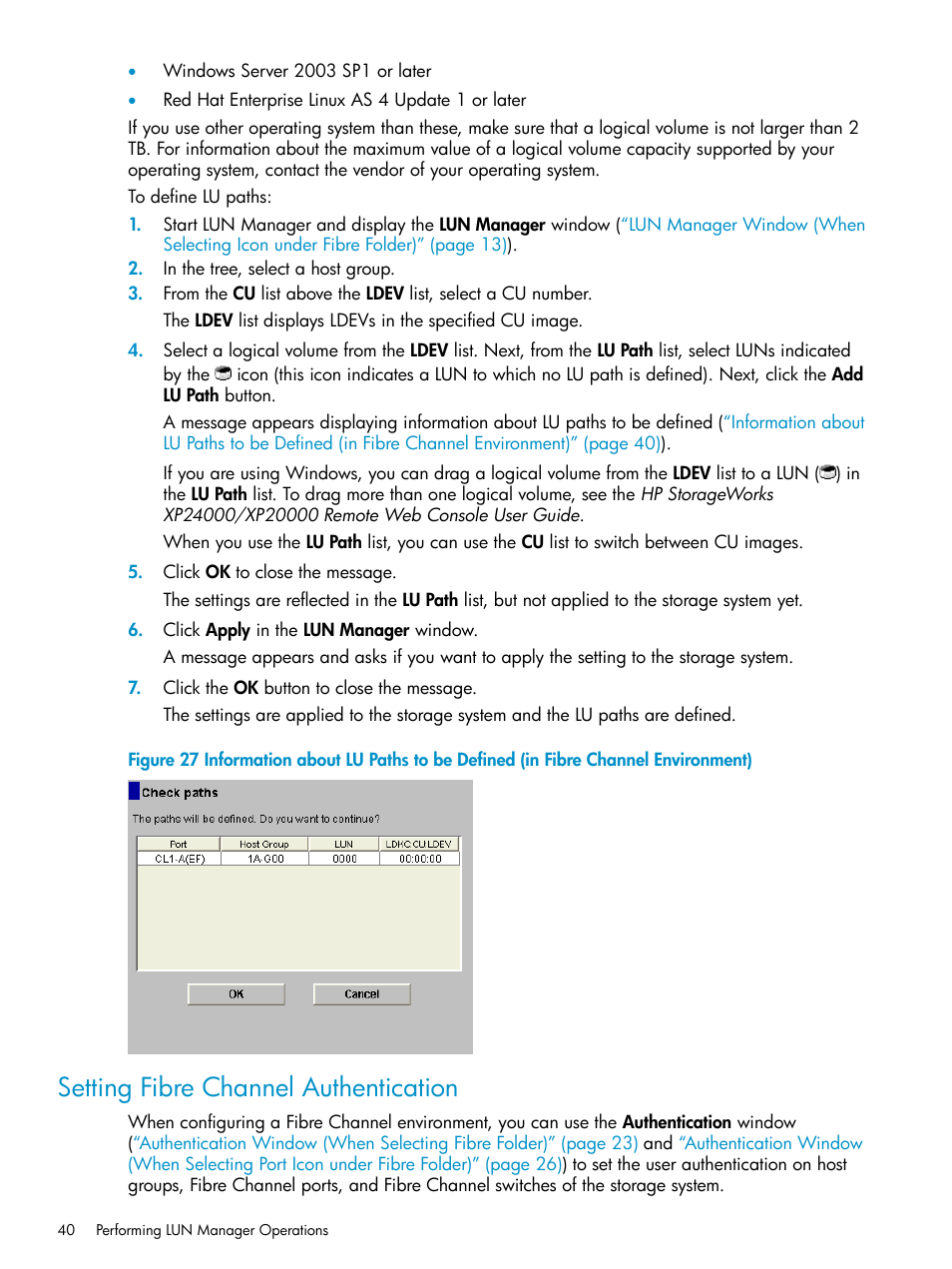 Setting fibre channel authentication | HP StorageWorks XP Remote Web Console Software User Manual | Page 40 / 112