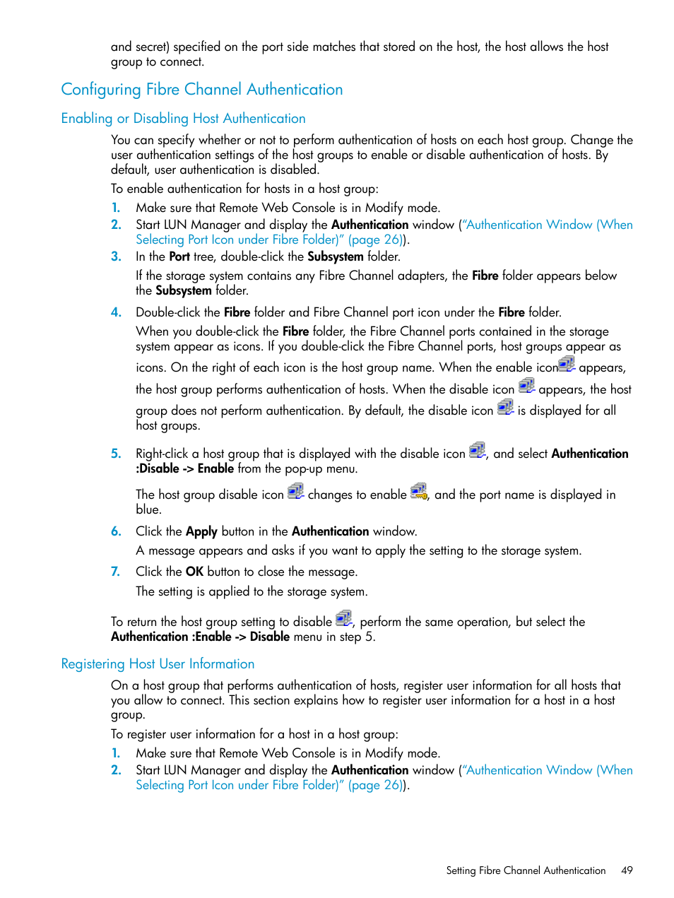 Configuring fibre channel authentication, Enabling or disabling host authentication, Registering host user information | HP StorageWorks XP Remote Web Console Software User Manual | Page 49 / 112
