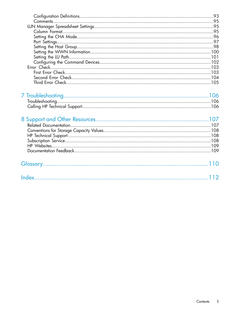 7 troubleshooting, 8 support and other resources, Glossary index | HP StorageWorks XP Remote Web Console Software User Manual | Page 5 / 112