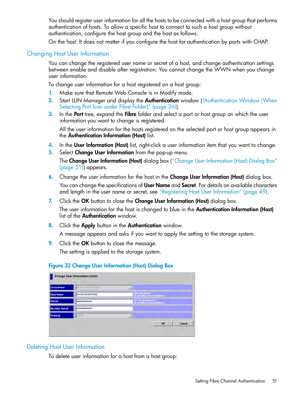 Changing host user information, Deleting host user information | HP StorageWorks XP Remote Web Console Software User Manual | Page 51 / 112