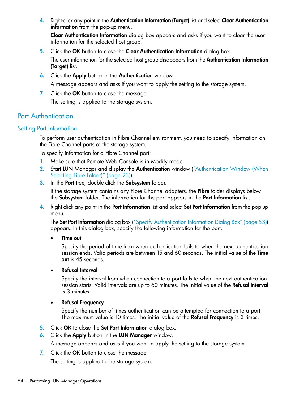 Port authentication, Setting port information | HP StorageWorks XP Remote Web Console Software User Manual | Page 54 / 112