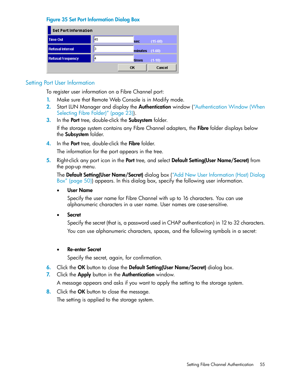 Setting port user information | HP StorageWorks XP Remote Web Console Software User Manual | Page 55 / 112