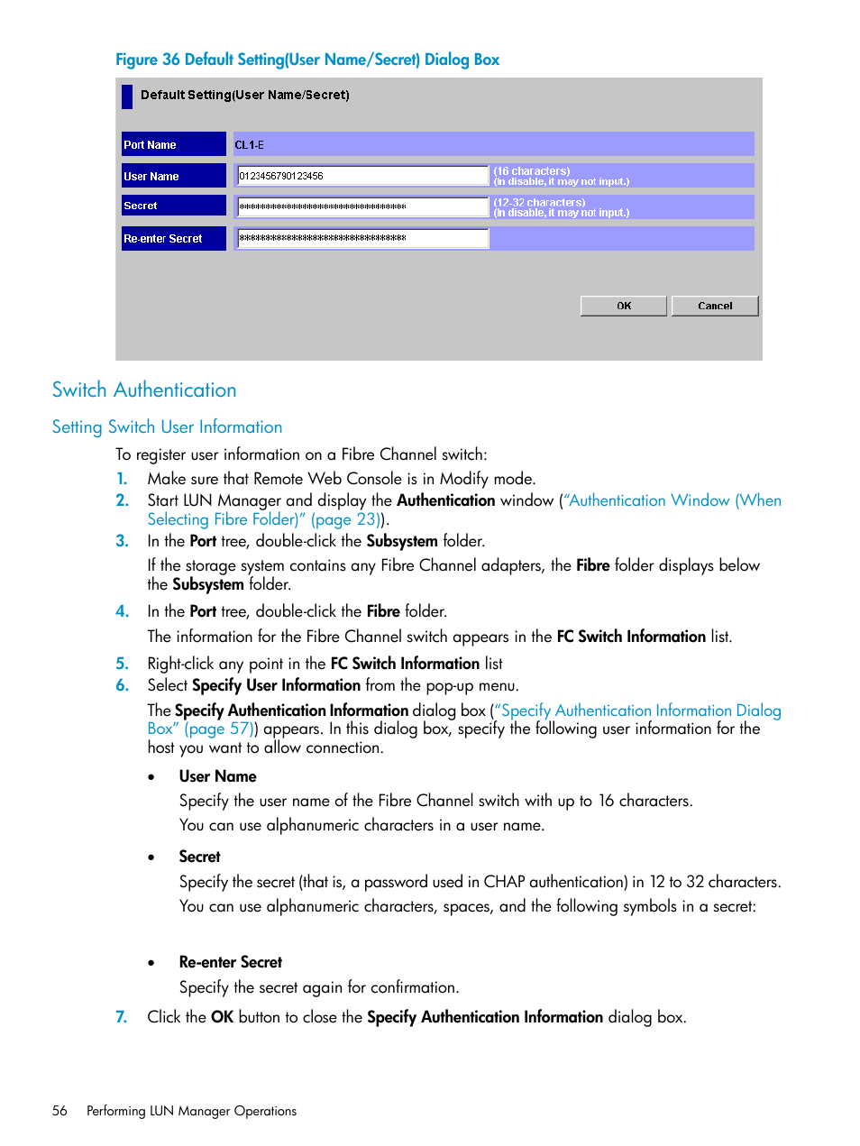 Switch authentication, Setting switch user information | HP StorageWorks XP Remote Web Console Software User Manual | Page 56 / 112