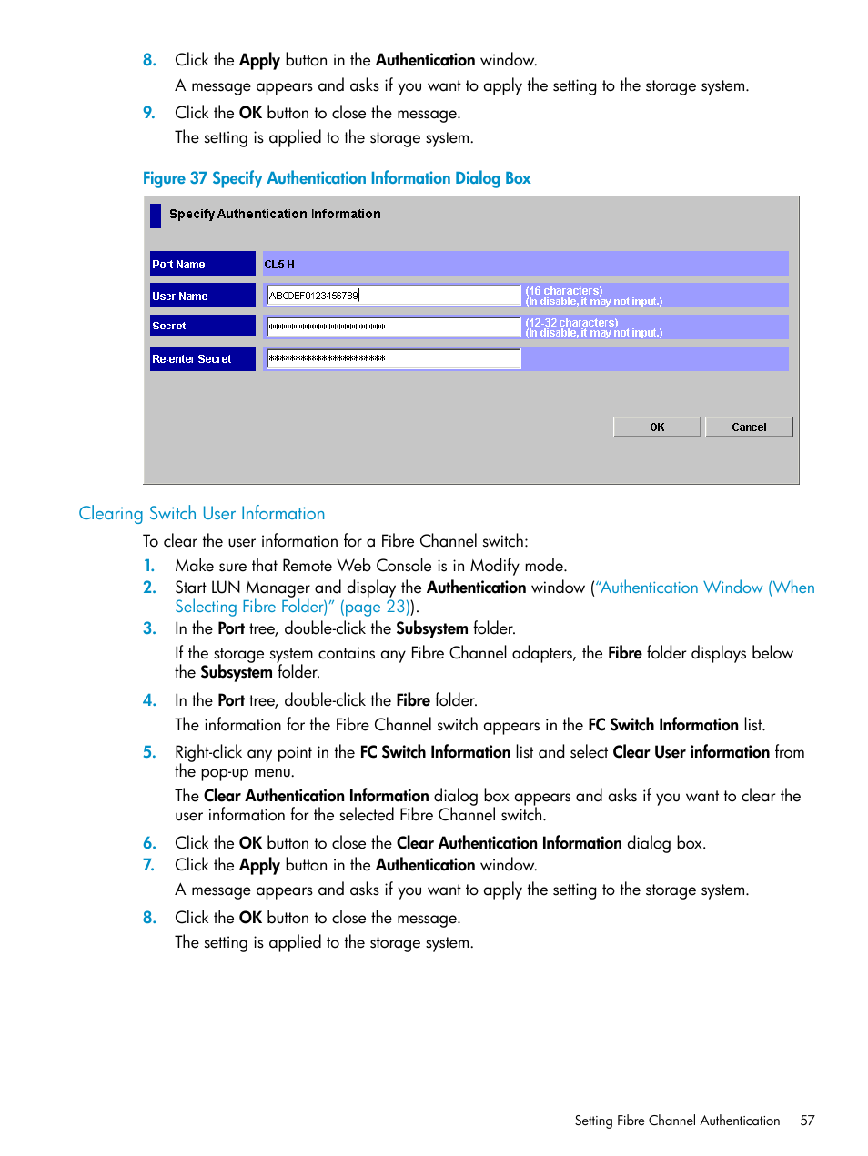 Clearing switch user information, Specify authentication information dialog | HP StorageWorks XP Remote Web Console Software User Manual | Page 57 / 112