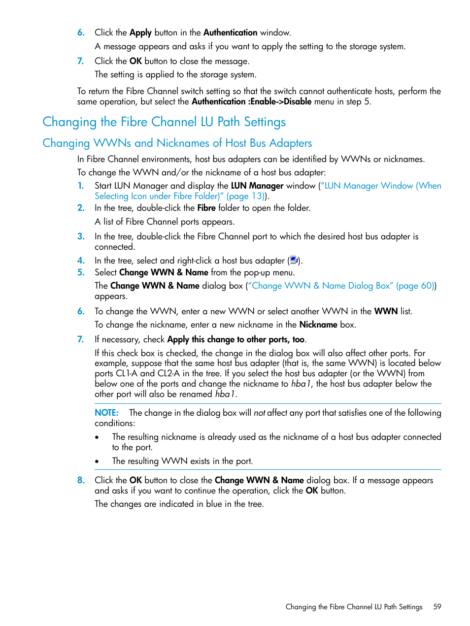 Changing the fibre channel lu path settings, Changing wwns and nicknames of host bus adapters | HP StorageWorks XP Remote Web Console Software User Manual | Page 59 / 112