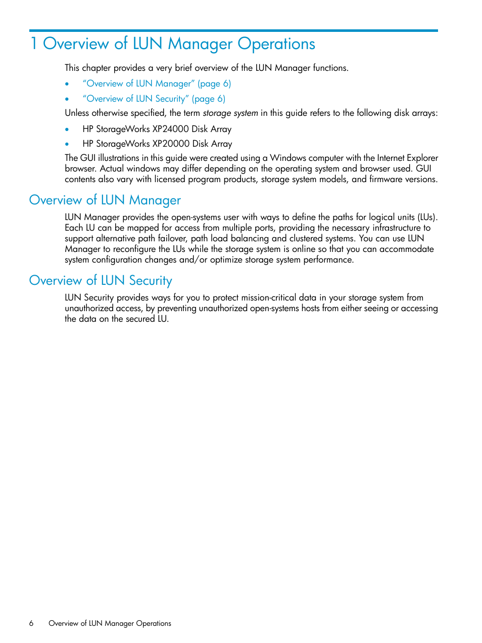 1 overview of lun manager operations, Overview of lun manager, Overview of lun security | Overview of lun manager overview of lun security | HP StorageWorks XP Remote Web Console Software User Manual | Page 6 / 112
