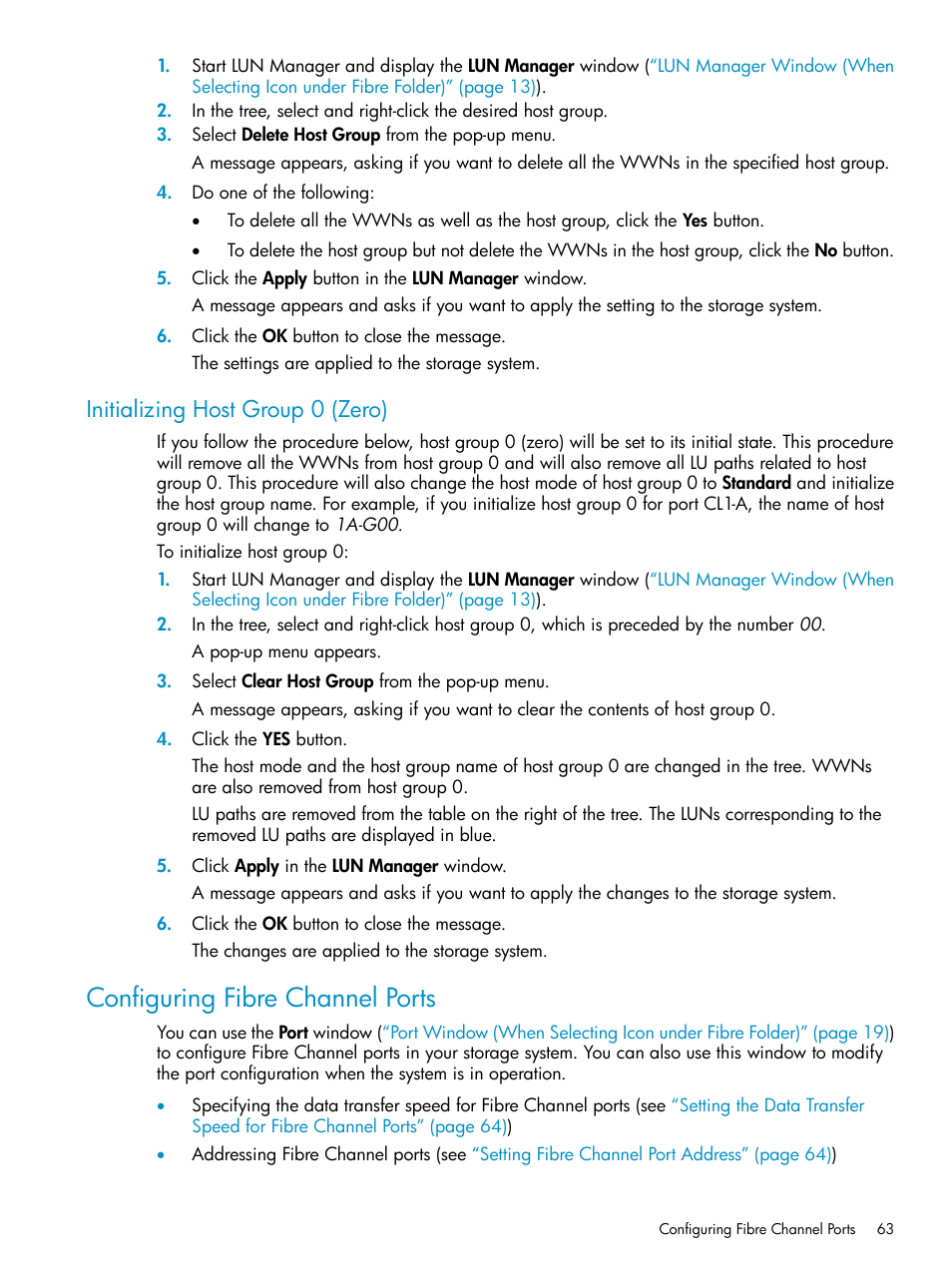 Initializing host group 0 (zero), Configuring fibre channel ports | HP StorageWorks XP Remote Web Console Software User Manual | Page 63 / 112