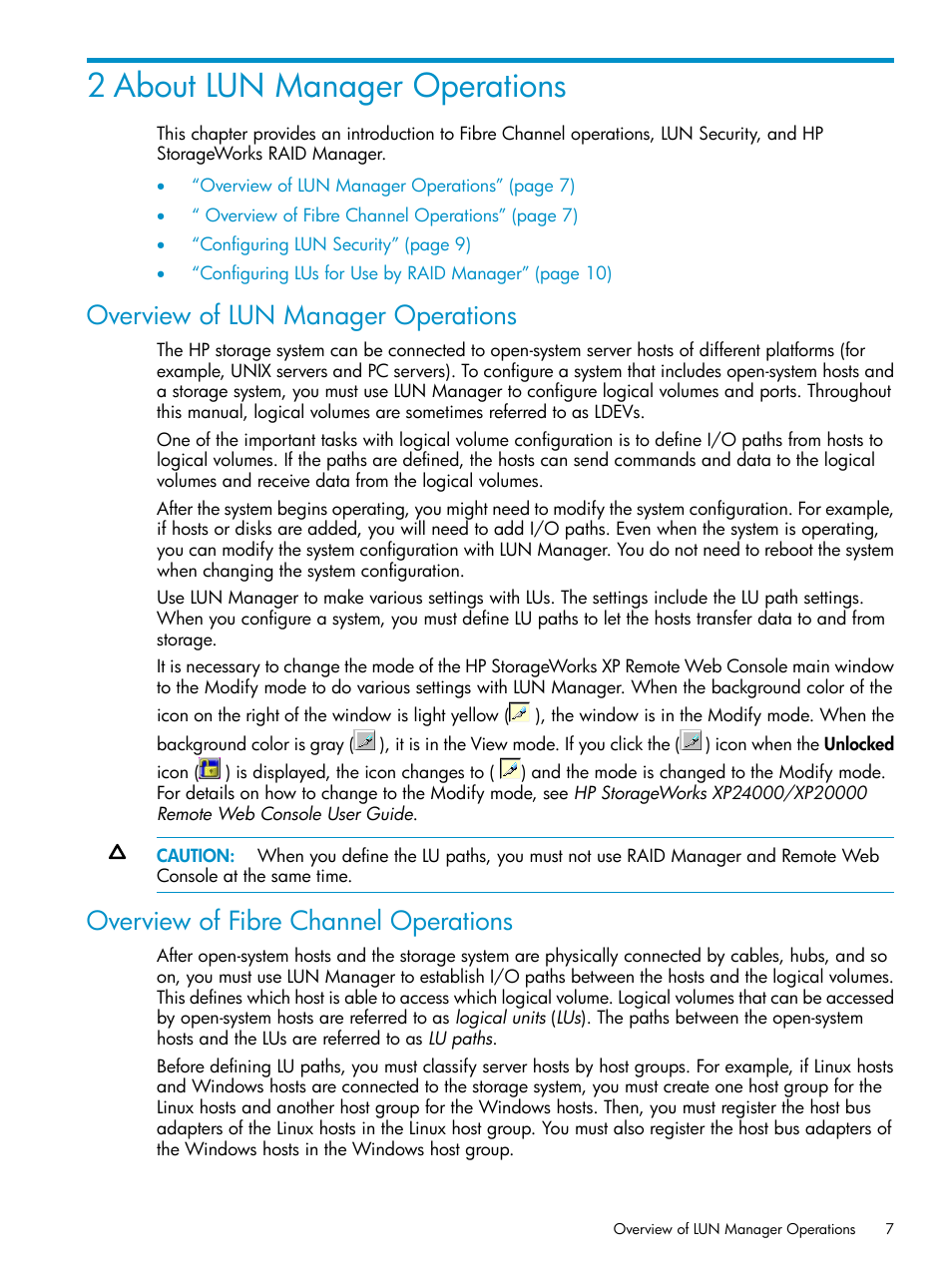 2 about lun manager operations, Overview of lun manager operations, Overview of fibre channel operations | HP StorageWorks XP Remote Web Console Software User Manual | Page 7 / 112