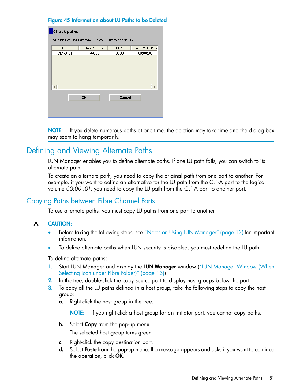 Defining and viewing alternate paths, Copying paths between fibre channel ports, Defining and viewing alternate | Copying paths | HP StorageWorks XP Remote Web Console Software User Manual | Page 81 / 112