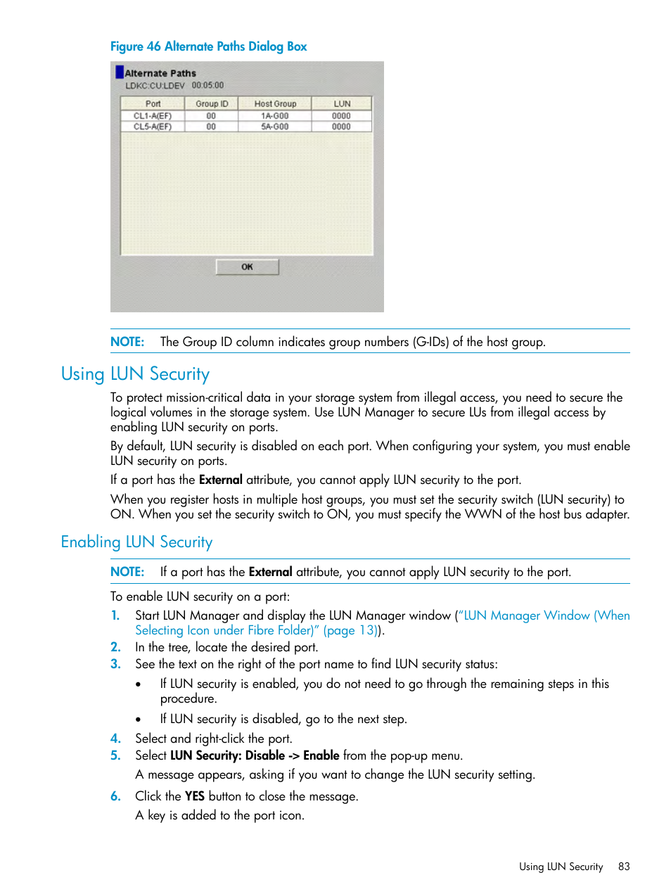 Using lun security, Enabling lun security | HP StorageWorks XP Remote Web Console Software User Manual | Page 83 / 112