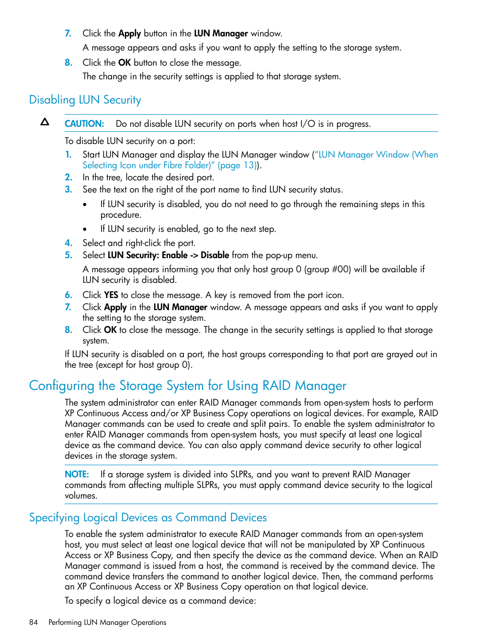 Disabling lun security, Specifying logical devices as command devices | HP StorageWorks XP Remote Web Console Software User Manual | Page 84 / 112