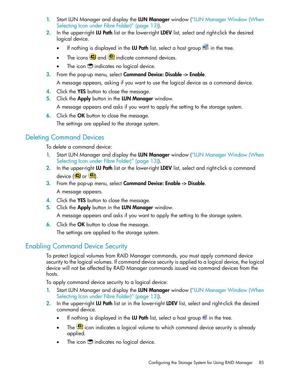 Deleting command devices, Enabling command device security | HP StorageWorks XP Remote Web Console Software User Manual | Page 85 / 112