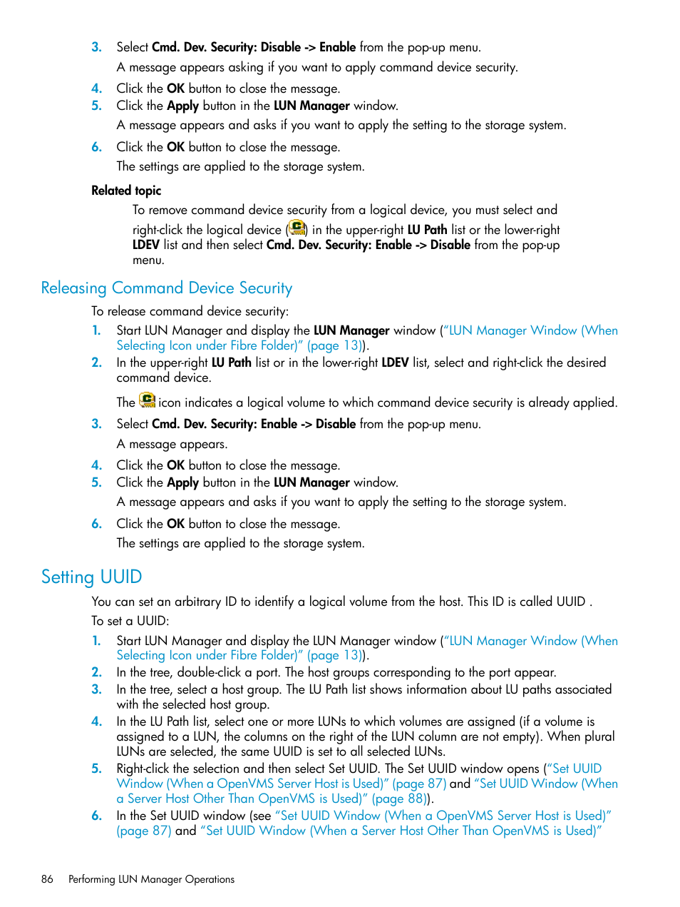 Releasing command device security, Setting uuid | HP StorageWorks XP Remote Web Console Software User Manual | Page 86 / 112