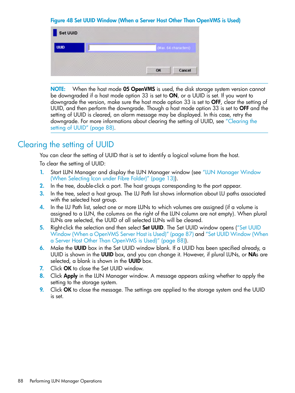 Clearing the setting of uuid, Set uuid window (when, Set uuid window (when a server host other than | HP StorageWorks XP Remote Web Console Software User Manual | Page 88 / 112