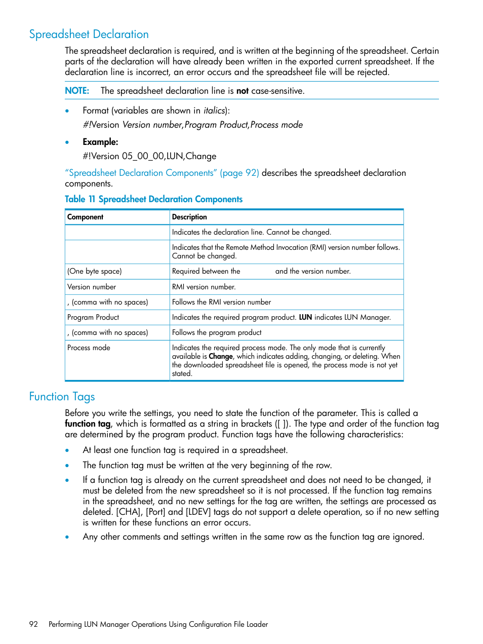 Spreadsheet declaration, Function tags, Spreadsheet declaration function tags | HP StorageWorks XP Remote Web Console Software User Manual | Page 92 / 112