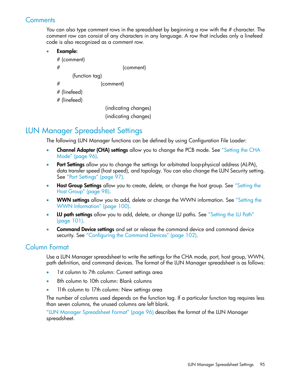 Comments, Lun manager spreadsheet settings, Column format | HP StorageWorks XP Remote Web Console Software User Manual | Page 95 / 112