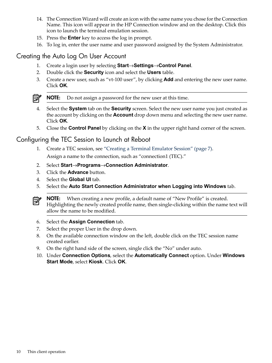 Creating the auto log on user account, Configuring the tec session to launch at reboot | HP Integrity Thin Client Bundles User Manual | Page 10 / 13