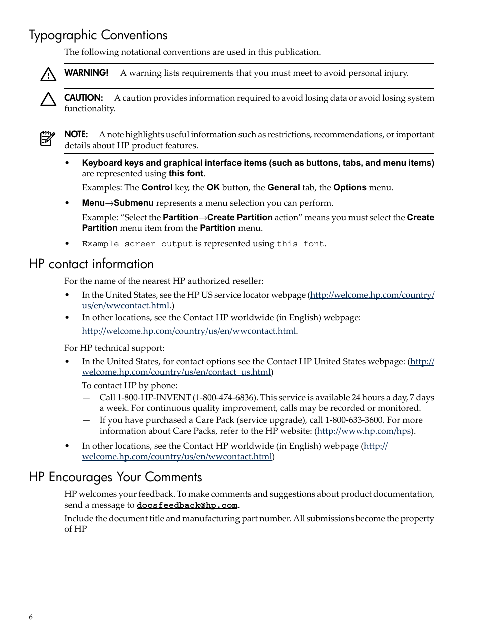 Typographic conventions, Hp contact information, Hp encourages your comments | HP Integrity Thin Client Bundles User Manual | Page 6 / 13