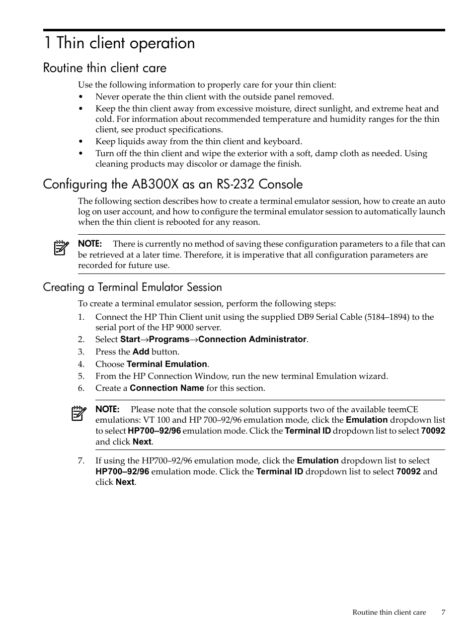 1 thin client operation, Routine thin client care, Configuring the ab300x as an rs-232 console | Creating a terminal emulator session | HP Integrity Thin Client Bundles User Manual | Page 7 / 13