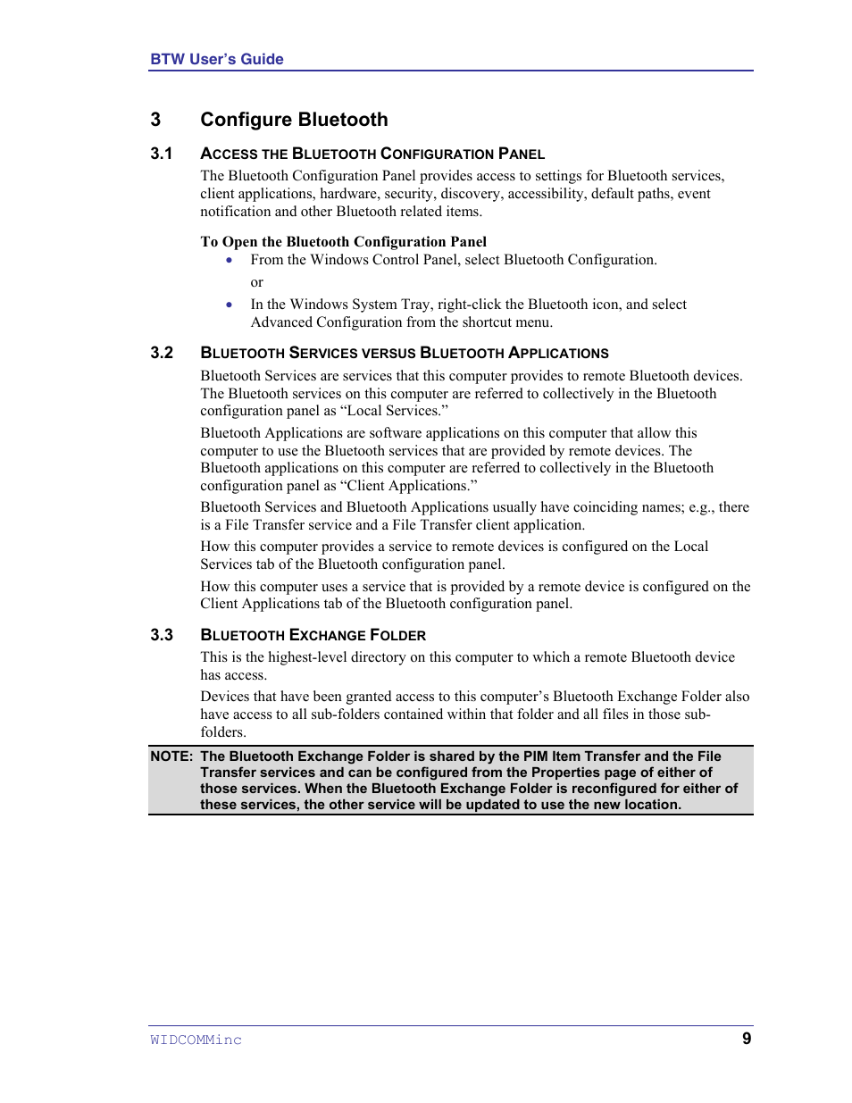 Configure bluetooth, Access the bluetooth configuration panel, Bluetooth services versus bluetooth applications | Bluetooth exchange folder, 3 configure bluetooth | HP Pavilion zt3017WM Notebook PC User Manual | Page 13 / 40