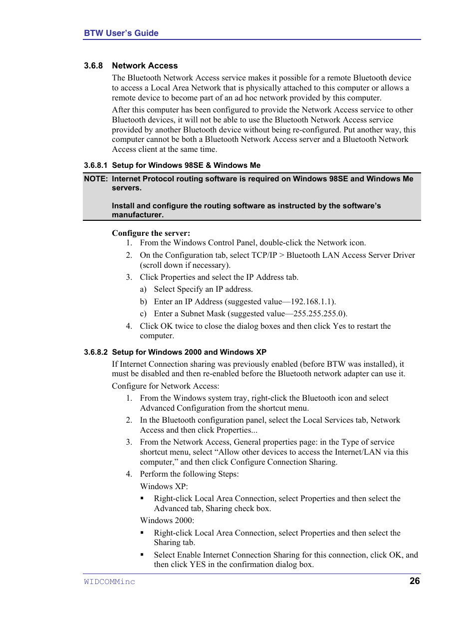 Network access, Setup for windows 98se & windows me, Setup for windows 2000 and windows xp | HP Pavilion zt3017WM Notebook PC User Manual | Page 30 / 40