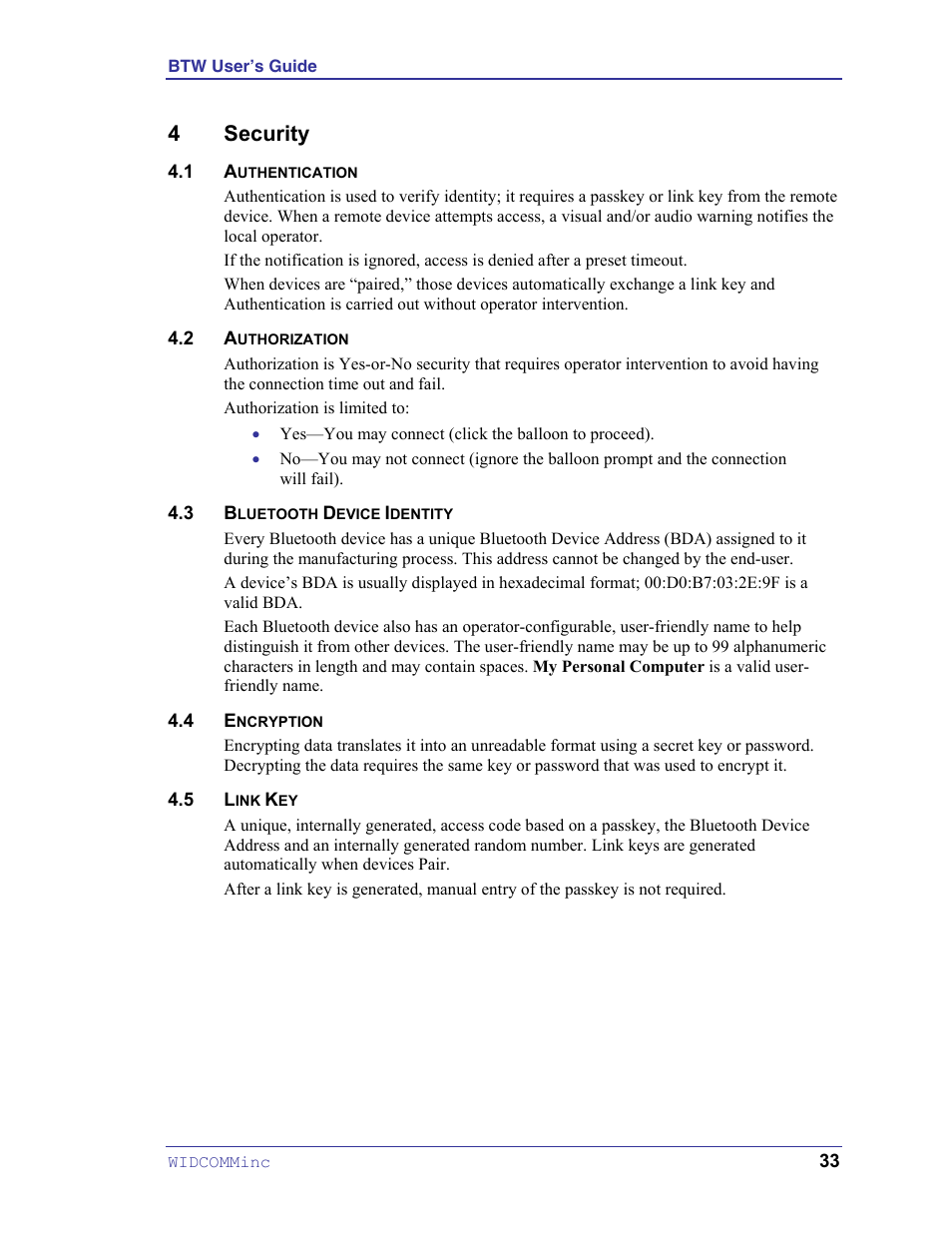 Security, Authentication, Authorization | Bluetooth device identity, Encryption, Link key, 4 security | HP Pavilion zt3017WM Notebook PC User Manual | Page 37 / 40