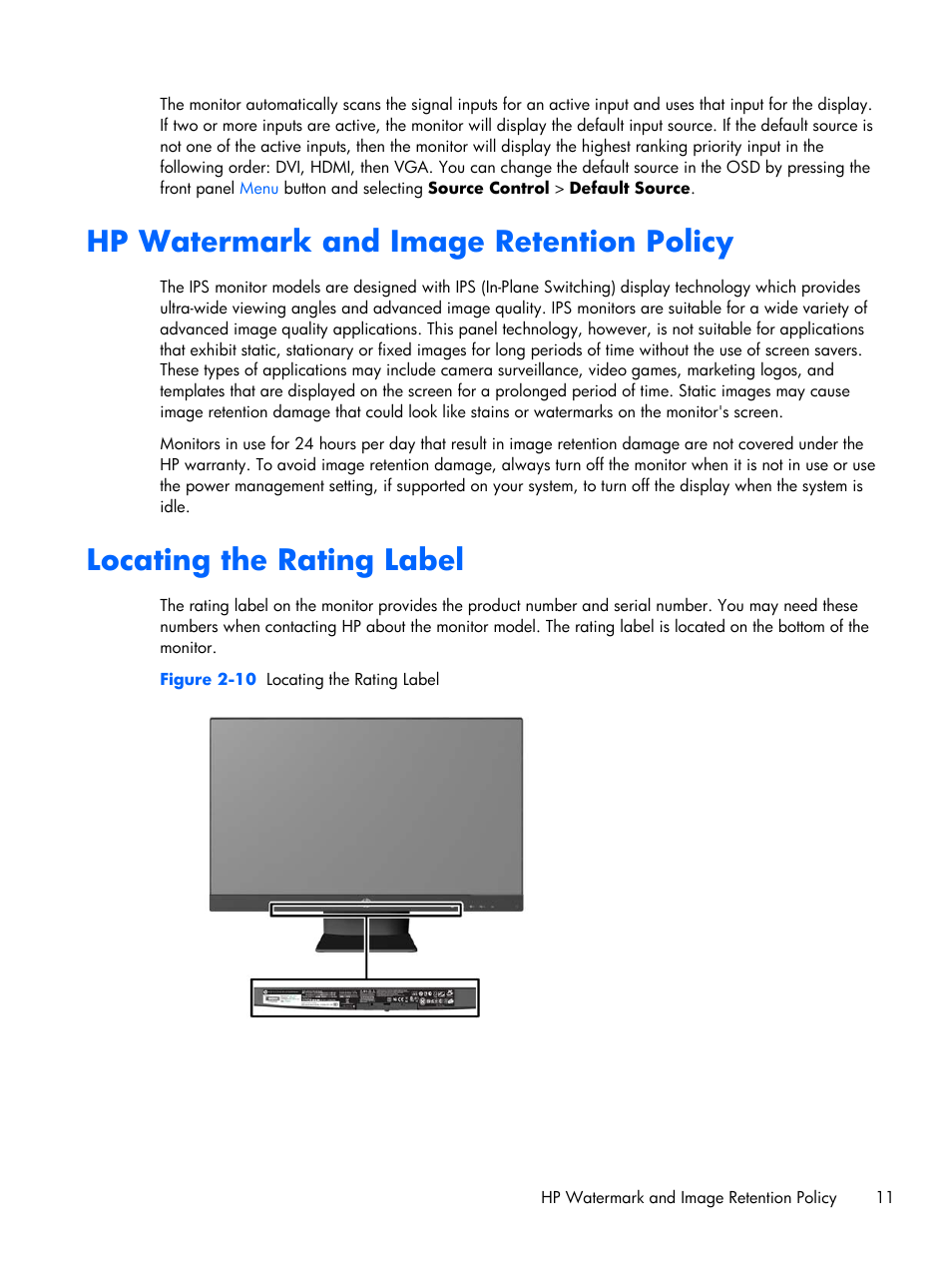 Hp watermark and image retention policy, Locating the rating label | HP Pavilion 25bw 25-inch Diagonal IPS LED Backlit Monitor User Manual | Page 17 / 29