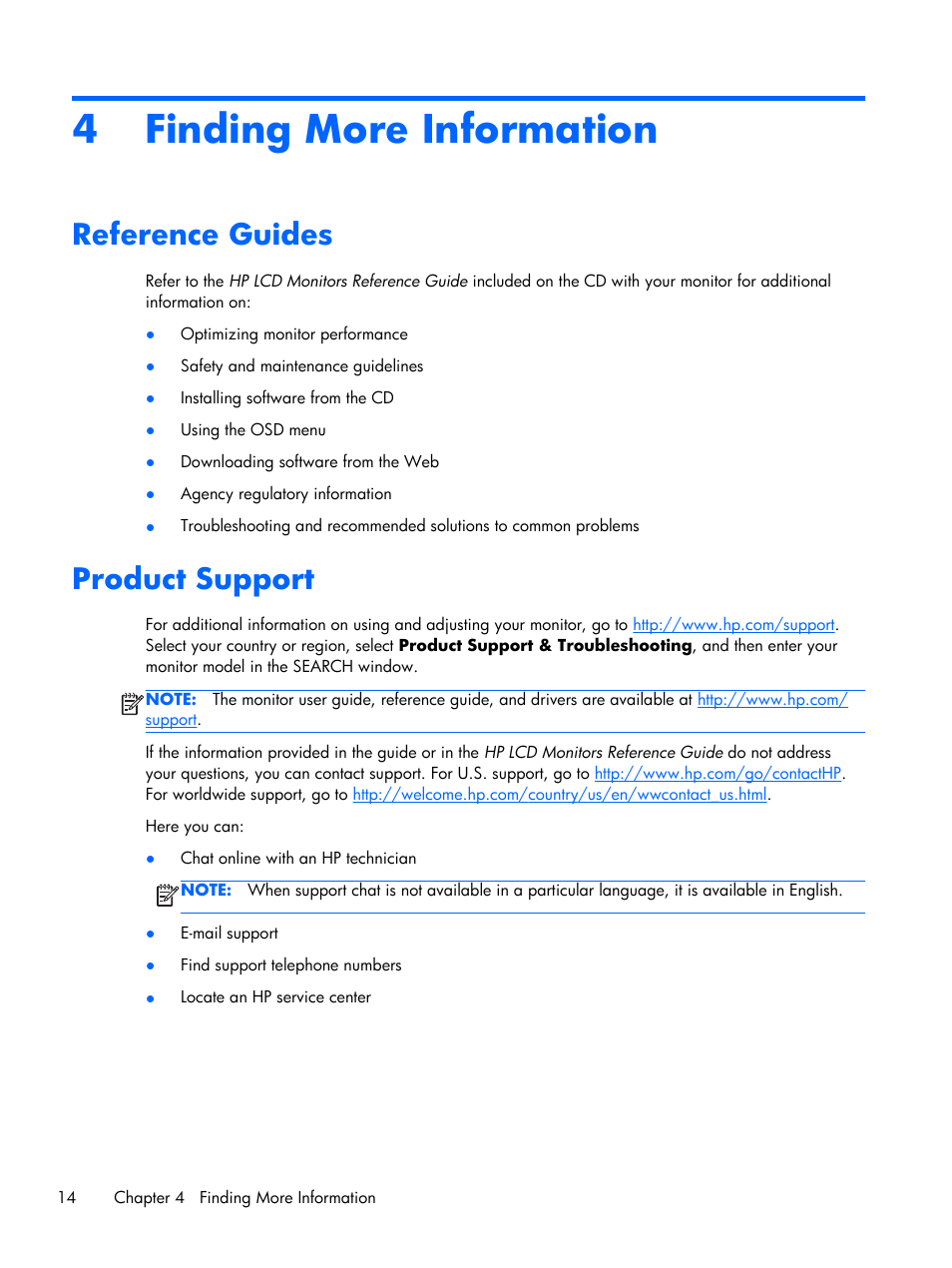 Finding more information, Reference guides, Product support | 4 finding more information, Reference guides product support | HP Pavilion 25bw 25-inch Diagonal IPS LED Backlit Monitor User Manual | Page 20 / 29