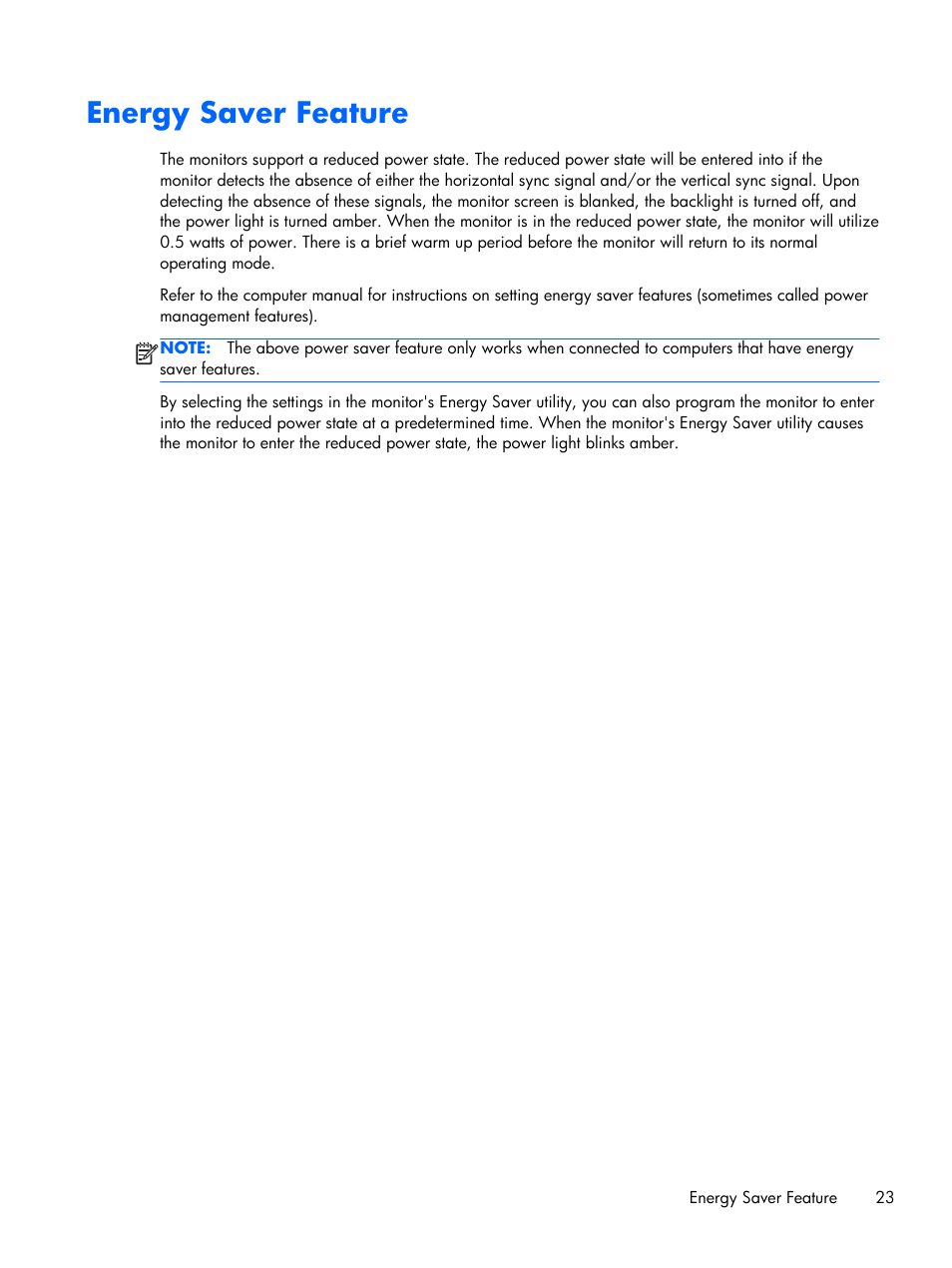 Energy saver feature | HP Pavilion 25bw 25-inch Diagonal IPS LED Backlit Monitor User Manual | Page 29 / 29