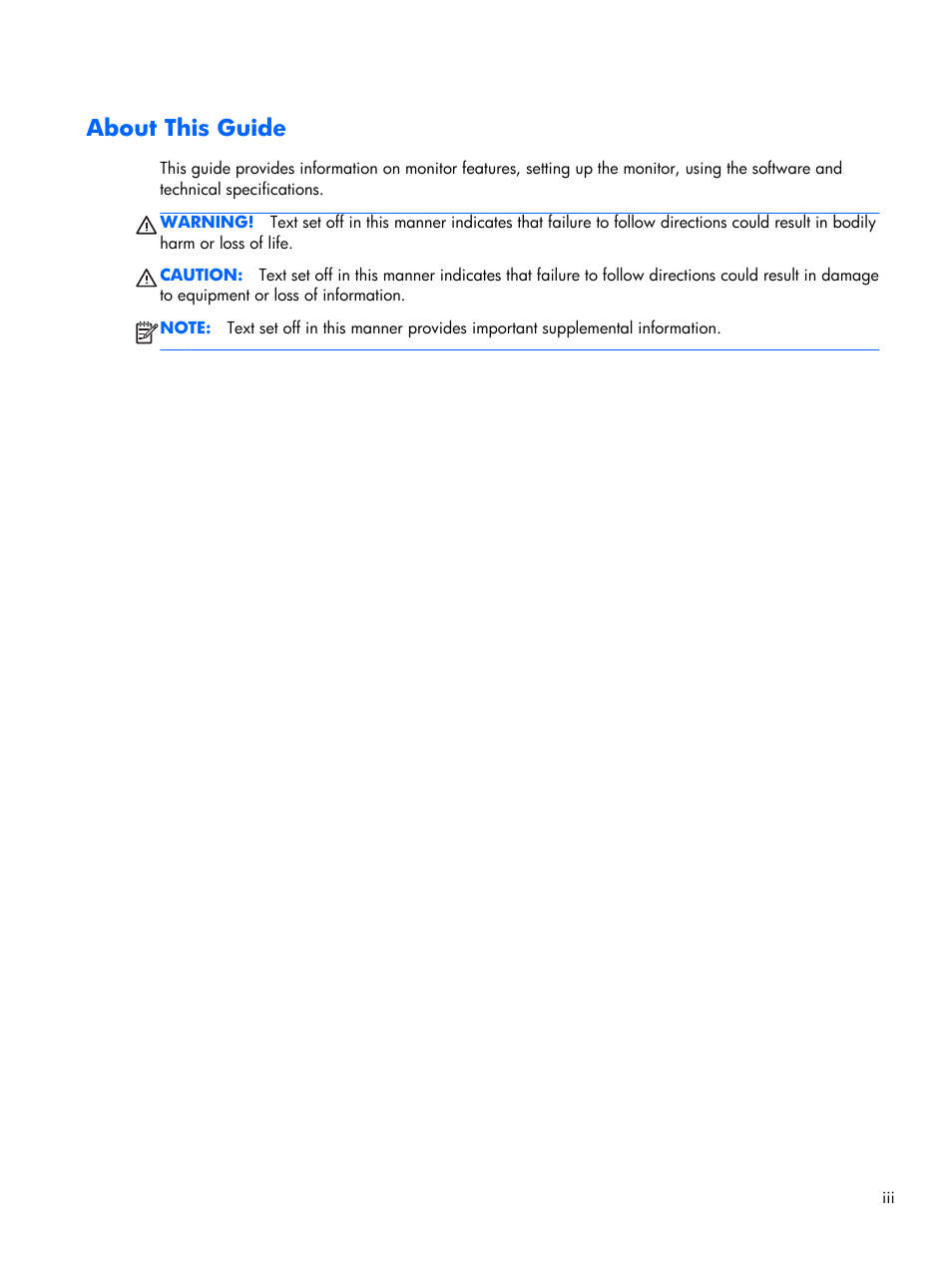 About this guide | HP Pavilion 25bw 25-inch Diagonal IPS LED Backlit Monitor User Manual | Page 3 / 29