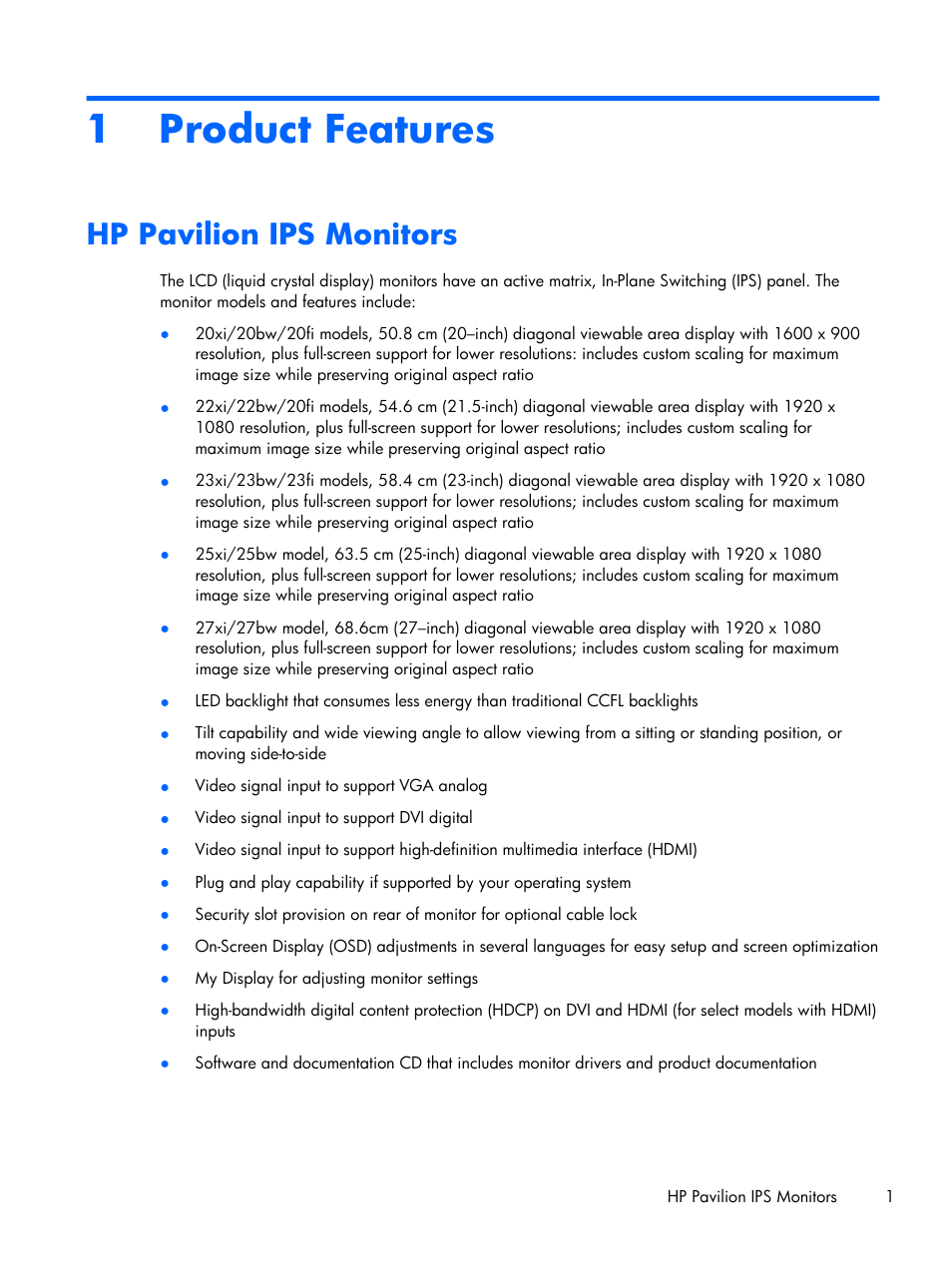 Product features, Hp pavilion ips monitors, 1 product features | HP Pavilion 25bw 25-inch Diagonal IPS LED Backlit Monitor User Manual | Page 7 / 29
