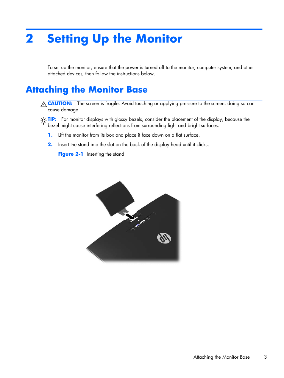 Setting up the monitor, Attaching the monitor base, 2 setting up the monitor | HP Pavilion 25bw 25-inch Diagonal IPS LED Backlit Monitor User Manual | Page 9 / 29
