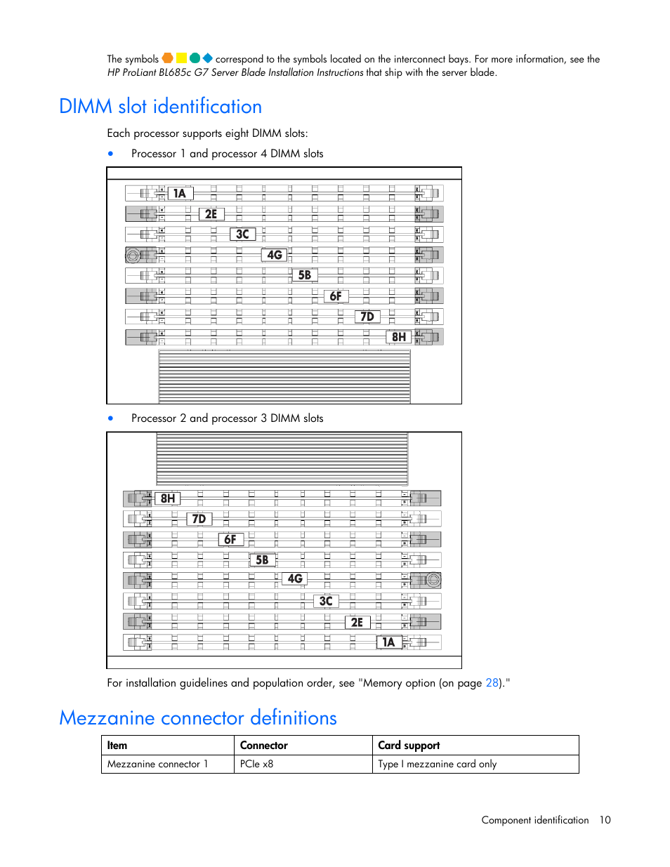 Dimm slot identification, Mezzanine connector definitions | HP ProLiant BL685c G7 Server-Blade User Manual | Page 10 / 103